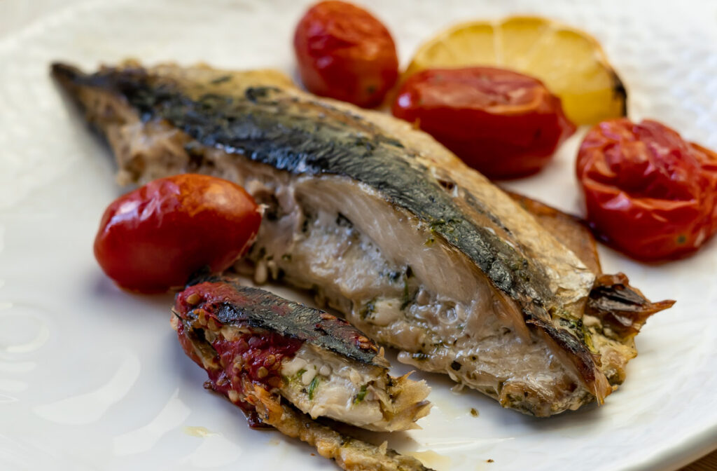 Roasted mackerel with cilantro pesto